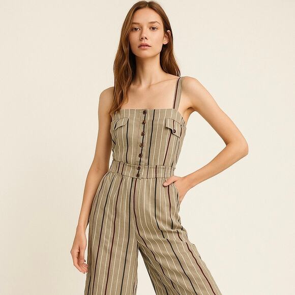 Producao Gray Striped Linen Blend Sleeveless Buttons Wide Leg Crop Jumpsuit  M - Picture 1 of 6
